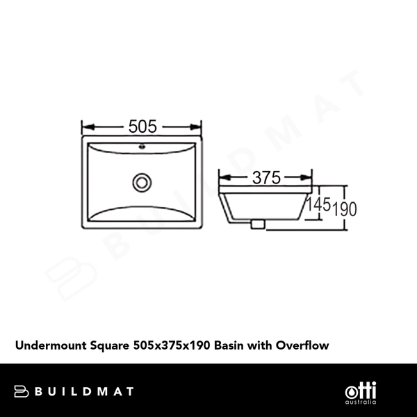Otti Undermount Square 505x375x190 Basin with Overflow Gloss White