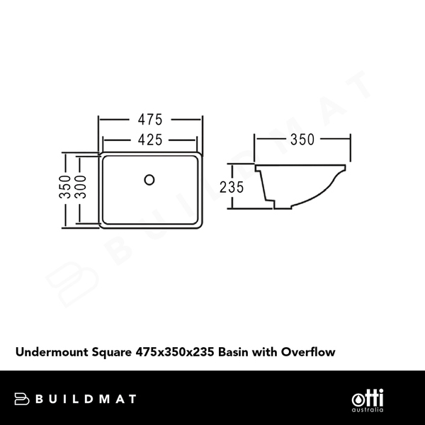 Otti Undermount Square 475x350x235 Basin with Overflow Gloss White