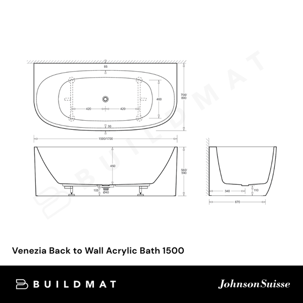 Johnson Suisse Venezia Back to Wall Acrylic Bath 1500 Matte White