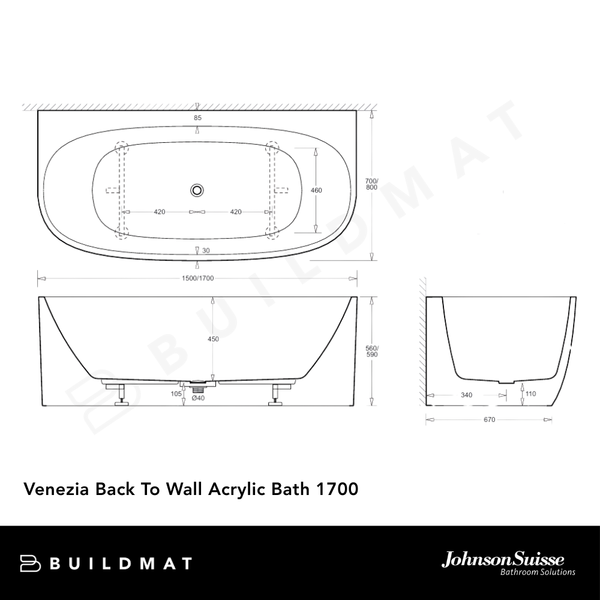 Johnson Suisse Venezia Back To Wall Acrylic Bath 1700 Matte White