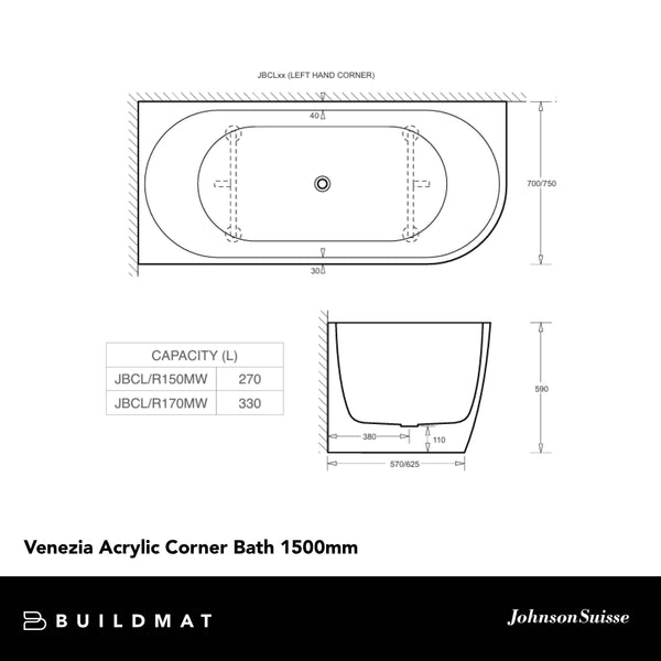 Johnson Suisse Venezia Corner Acrylic Bath 1500 Left Hand Matte White