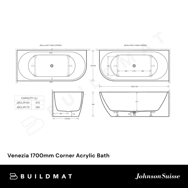 Johnson Suisse Venezia 1700mm Corner Acrylic Bath Right Hand Matte White