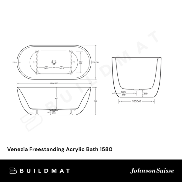 Johnson Suisse Venezia Freestanding Acrylic Bath 1580 Matte White