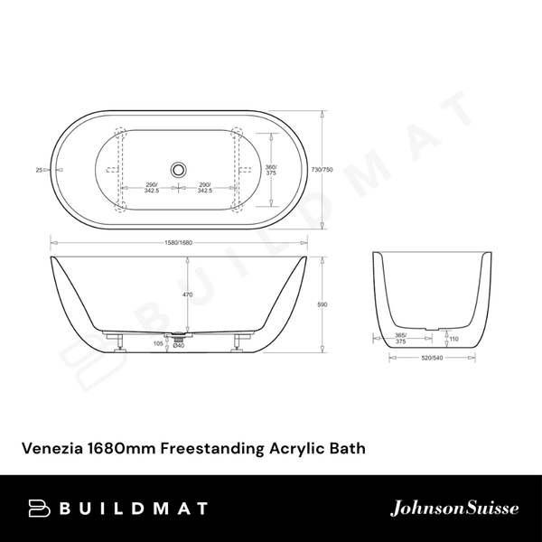 Johnson Suisse Venezia 1680mm Freestanding Acrylic Bath Gloss White