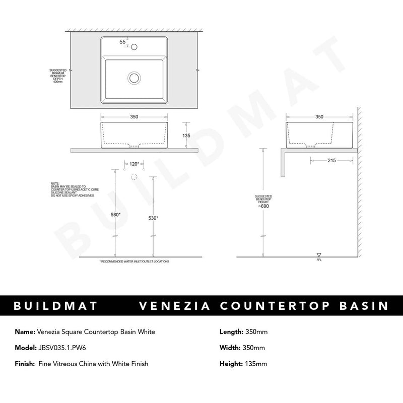 Venezia White Square Countertop Basin
