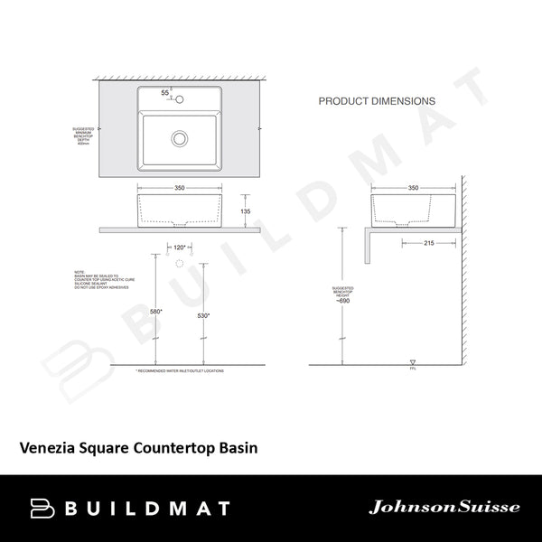 Johnson Suisse Venezia Matte Black Square Countertop Basin