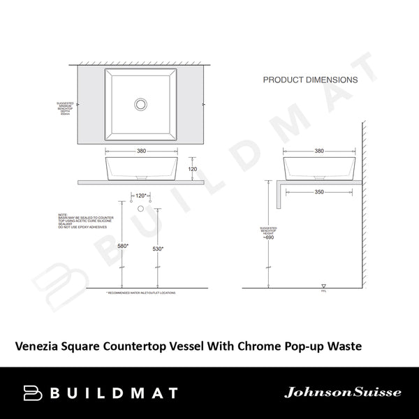 Johnson Suisse Venezia Square Countertop Vessel With Chrome Pop-up Waste Matte Black