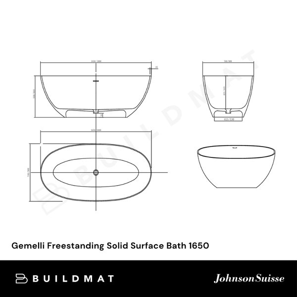 Johnson Suisse Gemelli Freestanding Solid Surface Bath 1650 Matte White