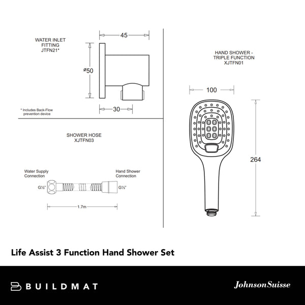 Johnson Suisse Ferla Life Assist 3 Function Hand Shower Set Chrome