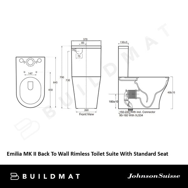 Johnson Suisse Emilia MK II Back to Wall Rimless Toilet Suite with Standard Seat