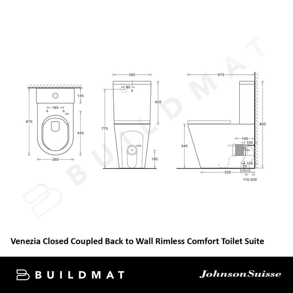 Johnson Suisse Venezia Closed Coupled Back to Wall Rimless Comfort Toilet Suite with Grey Seat