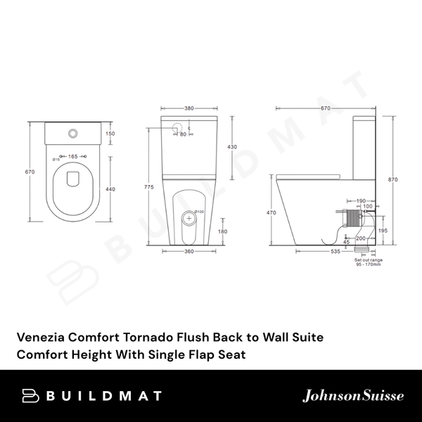Johnson Suisse Venezia Comfort Tornado Flush Back to Wall Suite Comfort Height With Single Flap Seat White