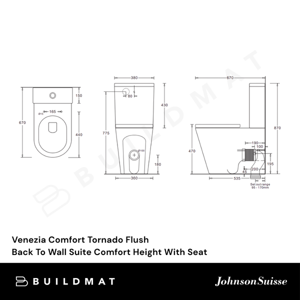 Johnson Suisse Venezia Comfort Height Tornado Flush to Wall Suite with Seat