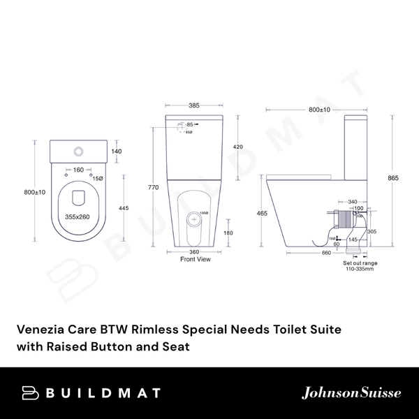 Johnson Suisse Venezia Care BTW Rimless Special Needs Toilet Suite (with Raised Blue Button and Seat) White