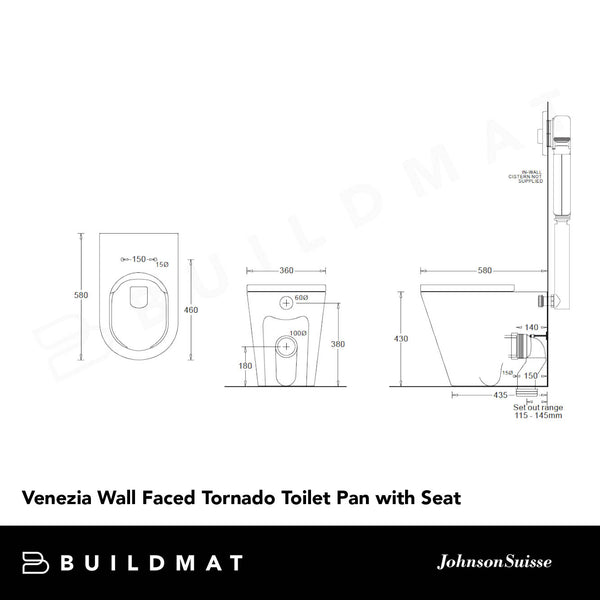 Johnson Suisse Venezia Wall Faced Tornado Toilet Pan with Seat