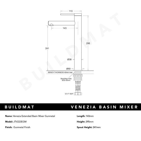 Johnson Suisse Venezia Extended Basin Mixer Gunmetal