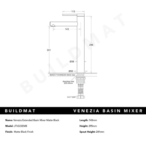 Johnson Suisse Venezia Extended Basin Mixer Matte Black