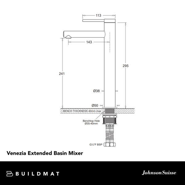 Johnson Suisse Venezia Extended Basin Mixer Brushed Brass Lead Free