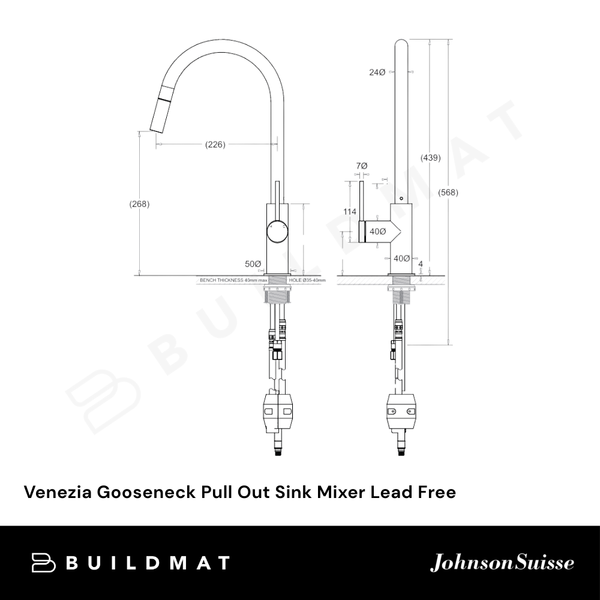 Johnson Suisse Venezia Gooseneck Pull Out Sink Mixer Chrome Lead Free