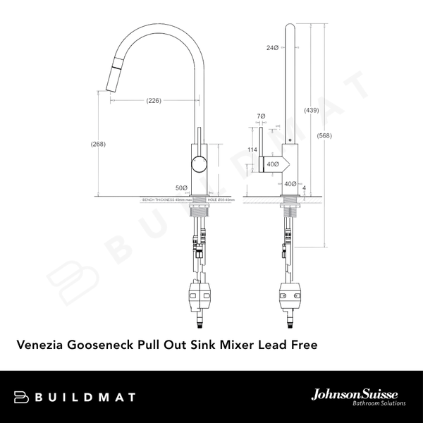 Johnson Suisse Venezia Gooseneck Pull Out Sink Mixer Matte Black Lead Free
