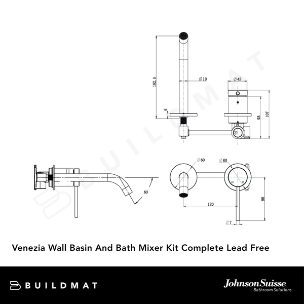 Johnson Suisse Venezia Wall Basin And Bath Mixer Kit Complete Matte Black Lead Free