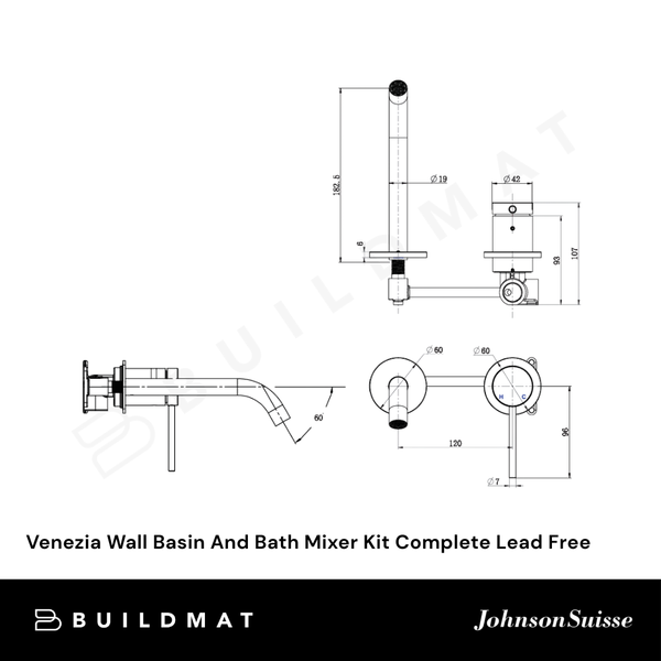 Johnson Suisse Venezia Wall Basin And Bath Mixer Kit Complete Brushed Nickel II Lead Free