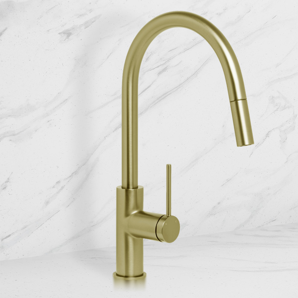 Johnson Suisse Venezia Gooseneck Pull Out Sink Mixer Brushed Brass Gold