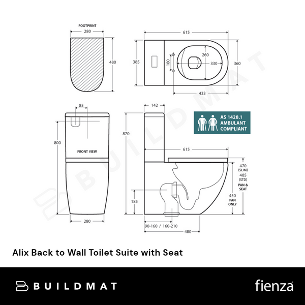 Fienza Alix Back to Wall Toilet Suite Gloss White with Grey Seat (Pan + Seat + R&T Cistern) S-Trap
