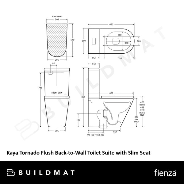 Fienza Kaya Tornado Flush Back to Wall Geberit Toilet Suite Gloss White with Slim Seat with S-Trap 160-230