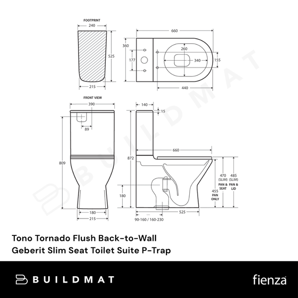 Fienza Tono Tornado Flush Back-to-Wall GEBERIT Slim Seat Toilet Suite S-Trap Gloss White