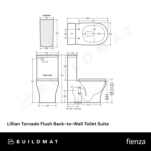 Fienza Lillian Tornado Flush Back-to-Wall Toilet Suite S-Trap 160-230 Gloss White with Black Seat