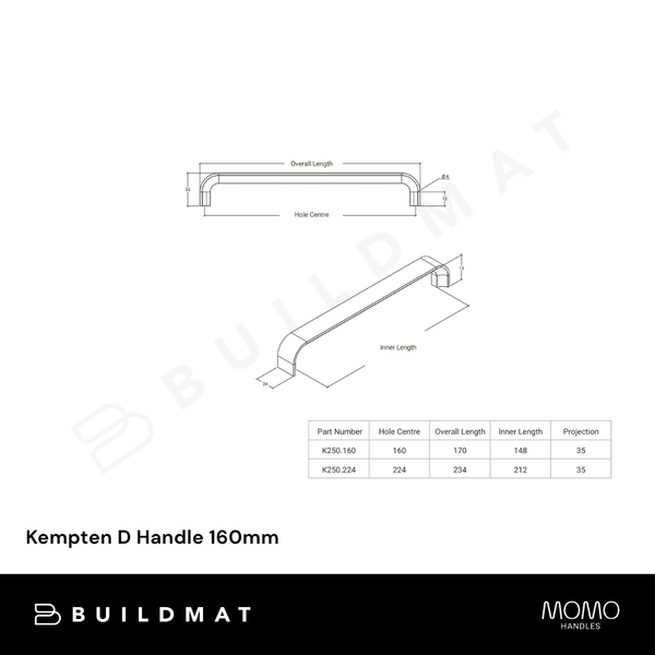 Momo Handles Kempten D Handle 160mm Brushed Nickel