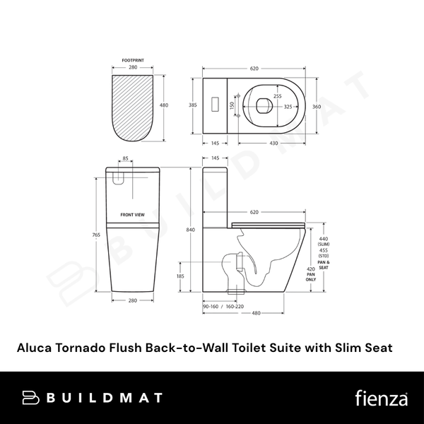 Fienza Aluca Tornado Flush Back-to-Wall R&T Toilet Suite with Slim Seat P-Trap Gloss White