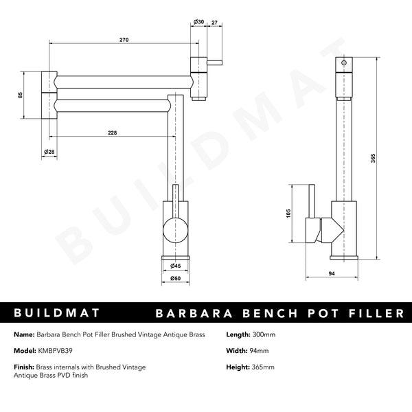 Alma Barbara Bench Pot Filler Brushed Vintage Antique Brass
