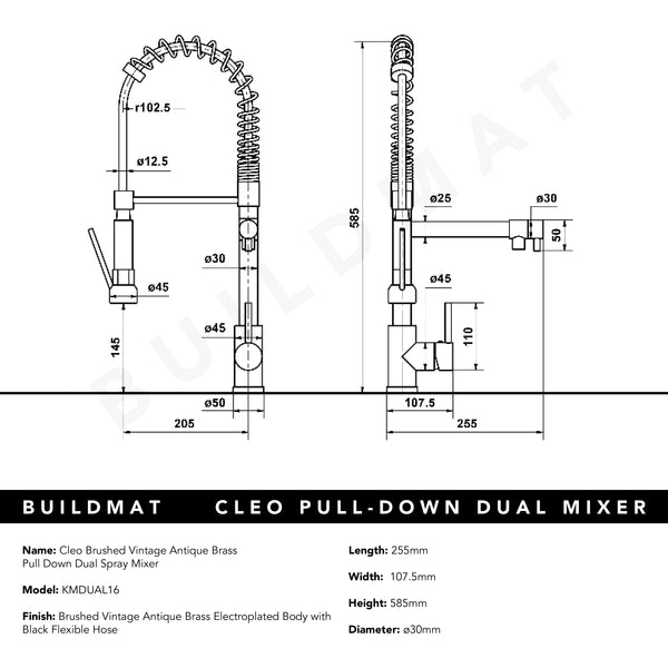 Alma Cleo Brushed Vintage Antique Brass Pull Down Dual Spray Mixer