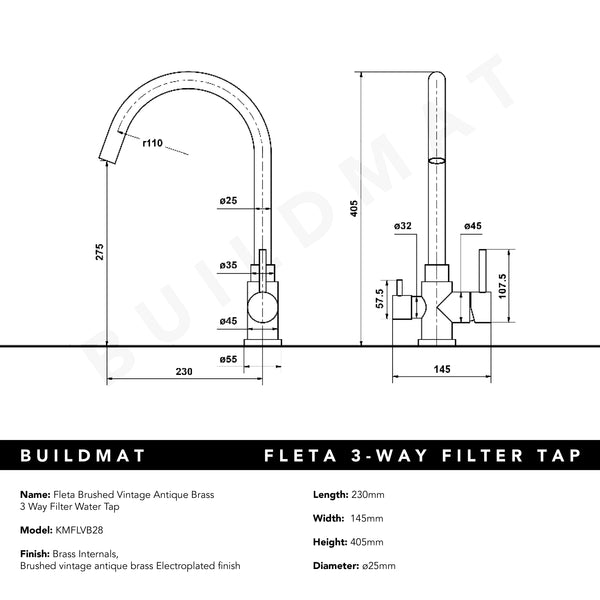 Alma Fleta Brushed Vintage Antique Brass 3 Way Filter Water Tap
