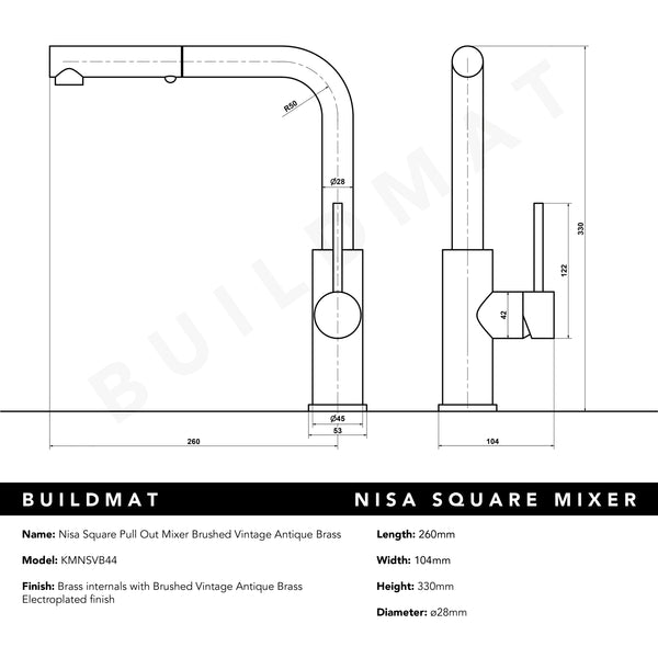 Alma Nisa Square Pull Out Mixer Brushed Vintage Antique Brass