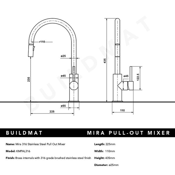 Alma Mira 316 Stainless Steel Pull Out Mixer