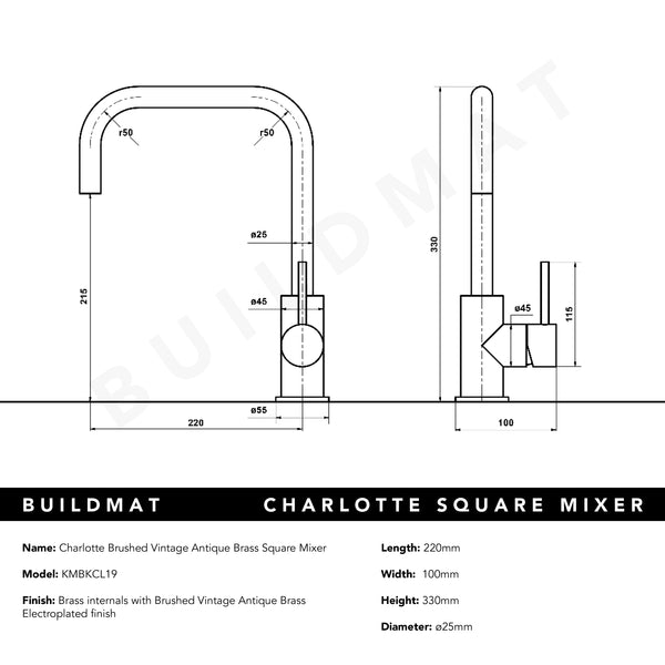 Alma Charlotte Brushed Vintage Antique Brass Square Mixer