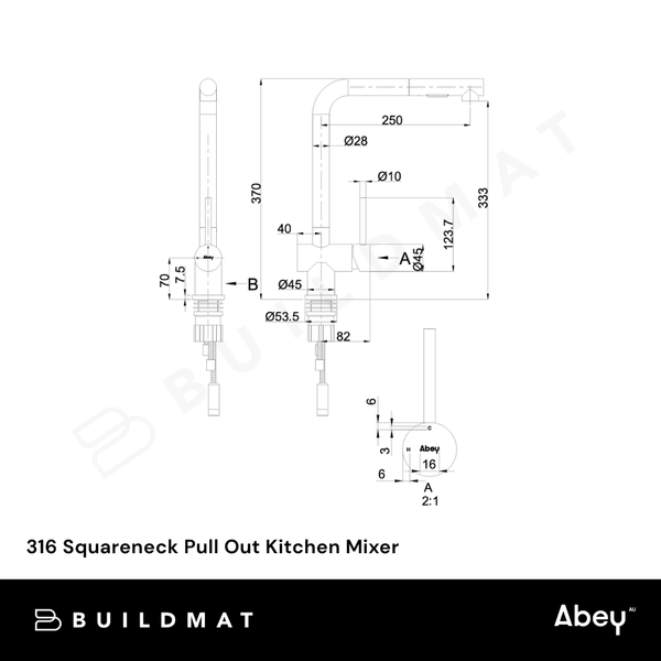 Abey 316 Squareneck Pull Out Kitchen Mixer Stainless Steel