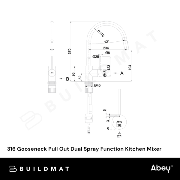 Abey 316 Gooseneck Pull Out Dual Spray Function Kitchen Mixer Stainless Steel