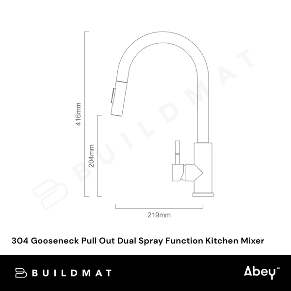 Abey 304 Gooseneck Pull Out Dual Spray Function Kitchen Mixer Brushed Steel