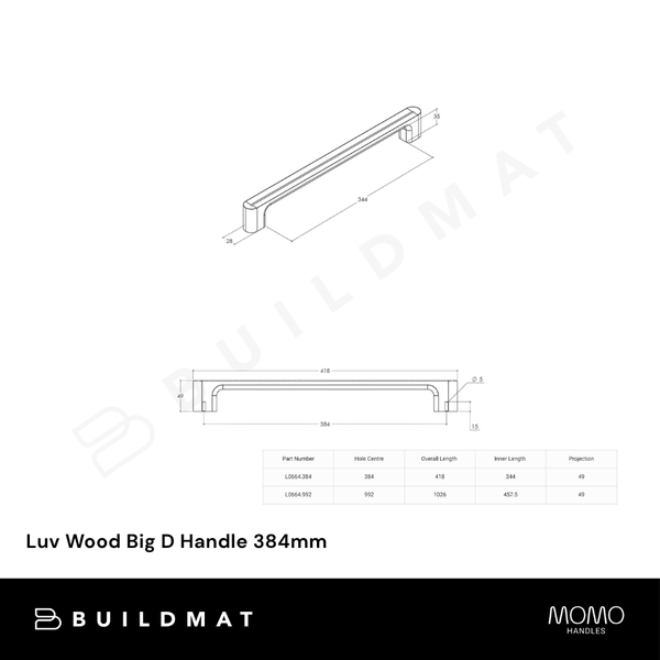 Momo Handles Luv Wood Big D Handle 384mm Oak