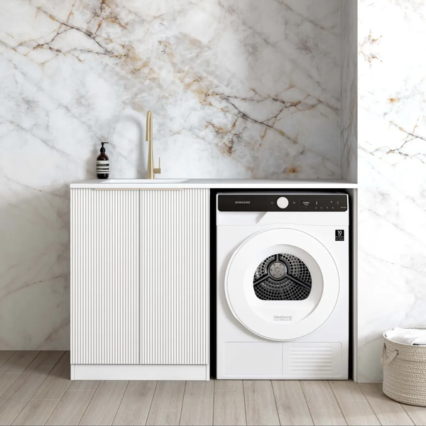Otti Bondi 1300mm Fluted White Base Laundry Cabinet With Stone Top And Sink