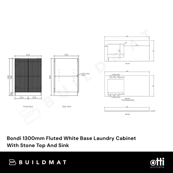Otti Bondi 1300mm Fluted White Base Laundry Cabinet With Stone Top And Sink