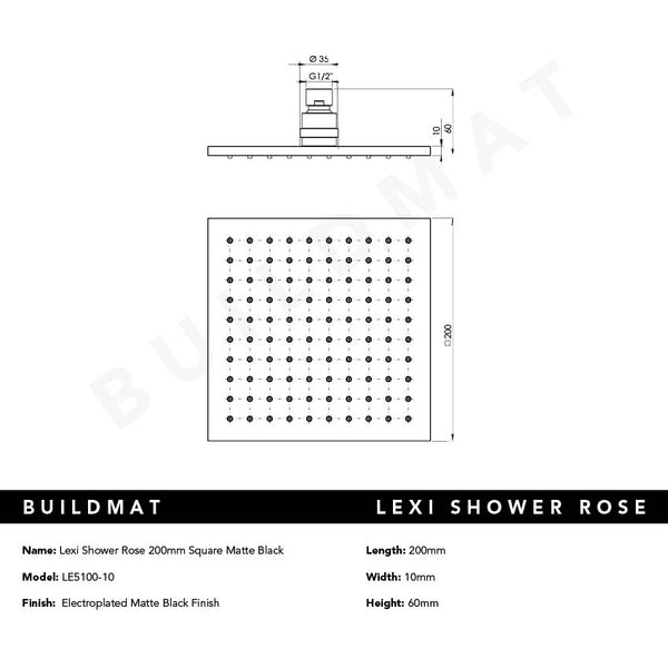 Phoenix Lexi Shower Rose 200mm Square Matte Black