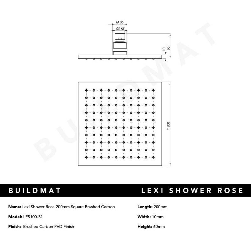 Lexi Shower Rose 200mm Square Brushed Carbon