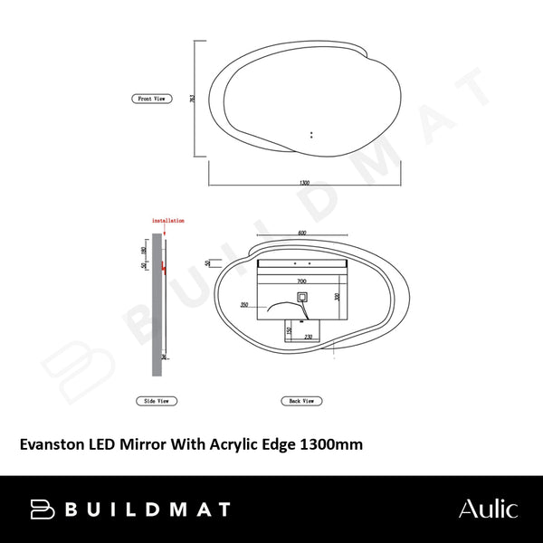 Aulic Evanston LED Mirror With Acrylic Edge 1300mm Matte Grey