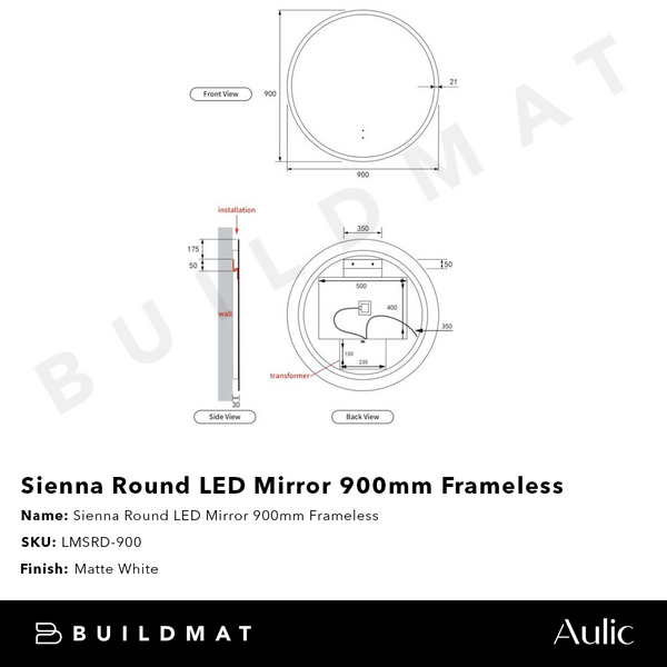 Aulic Sienna Round LED Mirror 900mm Frameless