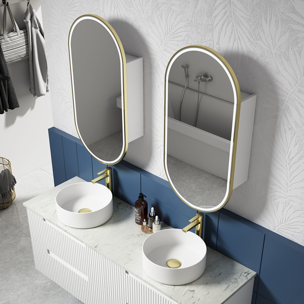 Aulic Beau Monde Oblong LED Matte White Shaving Cabinet With Brushed Gold Frame